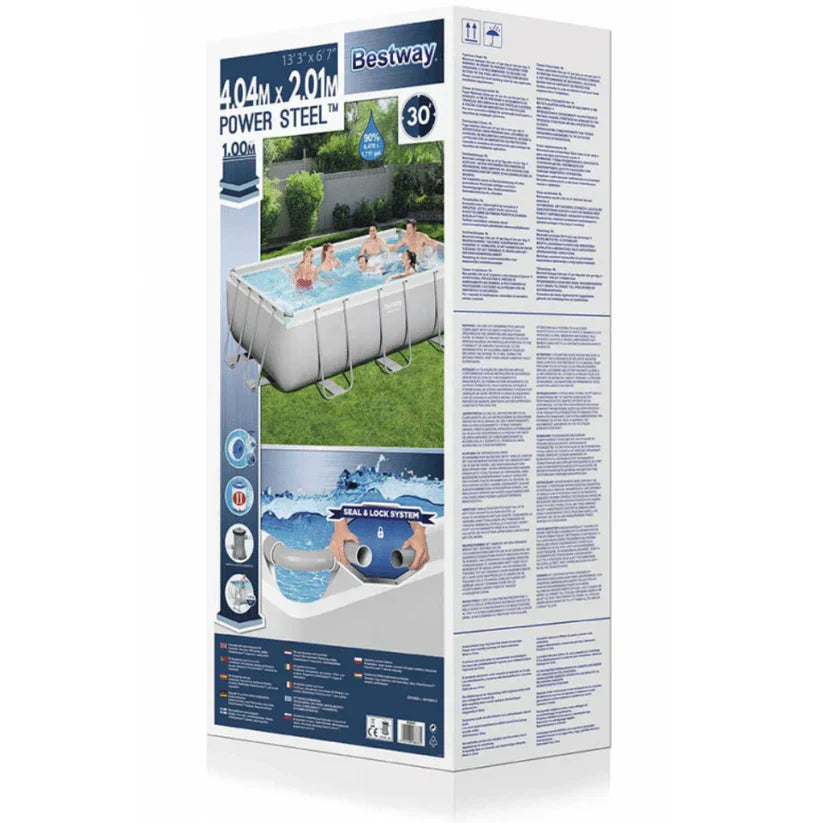 Bestway Power Steel inflatable pool packaging with images of the pool and text on a white background