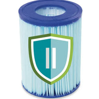 Filter cartridge with blue top and green shield logo on a white background