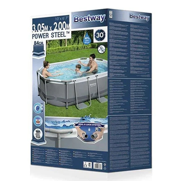 Bestway pool packaging with images of a family using the pool and product details.
