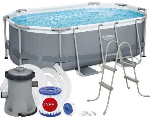 Bestway above-ground pool set with filter pump, ladder, and cleaning tools.