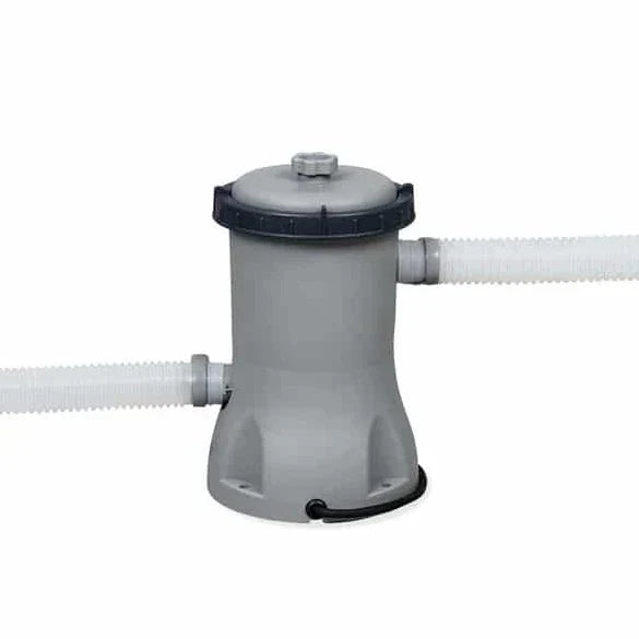 Gray pool filter with two white hoses on a white background