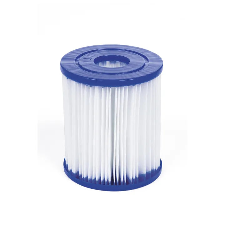 Filter cartridge with blue top and bottom on a white background