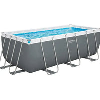 Rectangular above-ground pool with gray frame and blue water on a white background