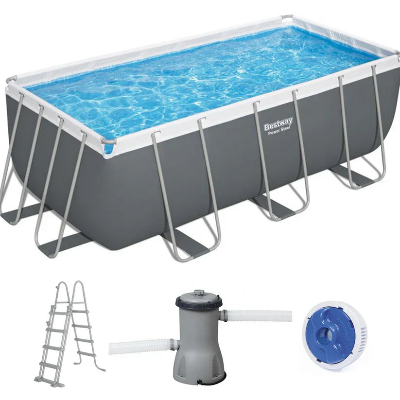 Rectangular above-ground pool with ladder, pump, and filter on a white background