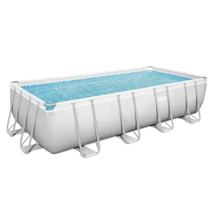 Rectangular above-ground pool with blue water on a white background