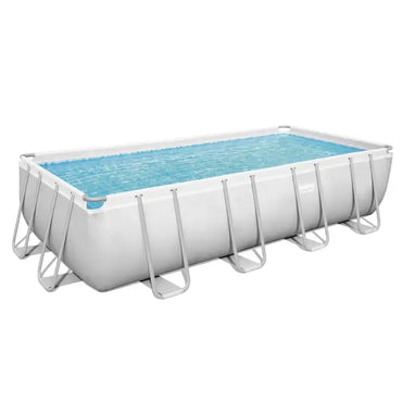 Rectangular above-ground pool with blue water on a white background