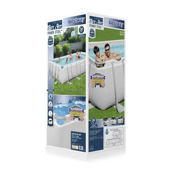 Bestway inflatable pool set packaging with images of a family using the pool.
