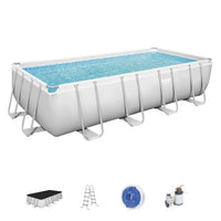 Rectangular above-ground pool with accessories on a white background