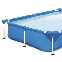 Blue rectangular above-ground pool with white legs on a white background