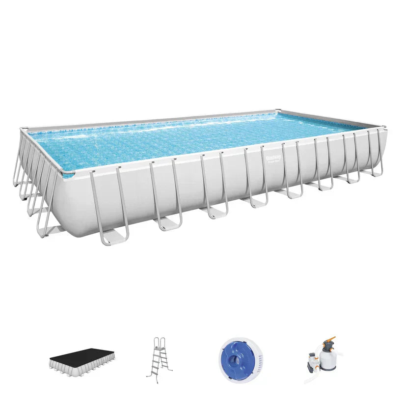 Rectangular above-ground pool with accessories on a white background