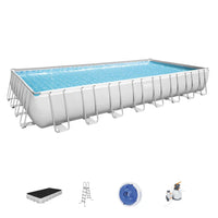 Rectangular above-ground pool with accessories on a white background