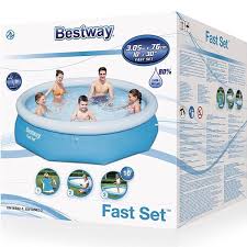 Inflatable pool with children and packaging featuring Bestway branding.