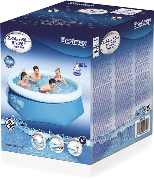 Bestway inflatable pool packaging with family using the pool on a white background