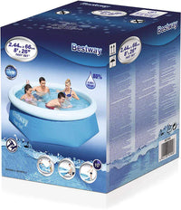 Bestway inflatable pool packaging with family using the pool on a white background