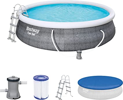 Bestway inflatable pool set with filter pump, ladder, and cover on a white background