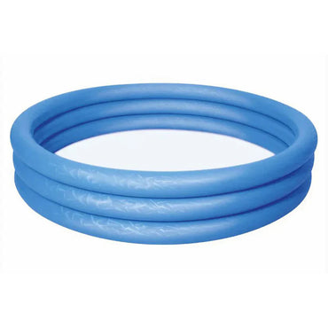 Colorful inflatable pool with green, yellow, and pink rings on a white background