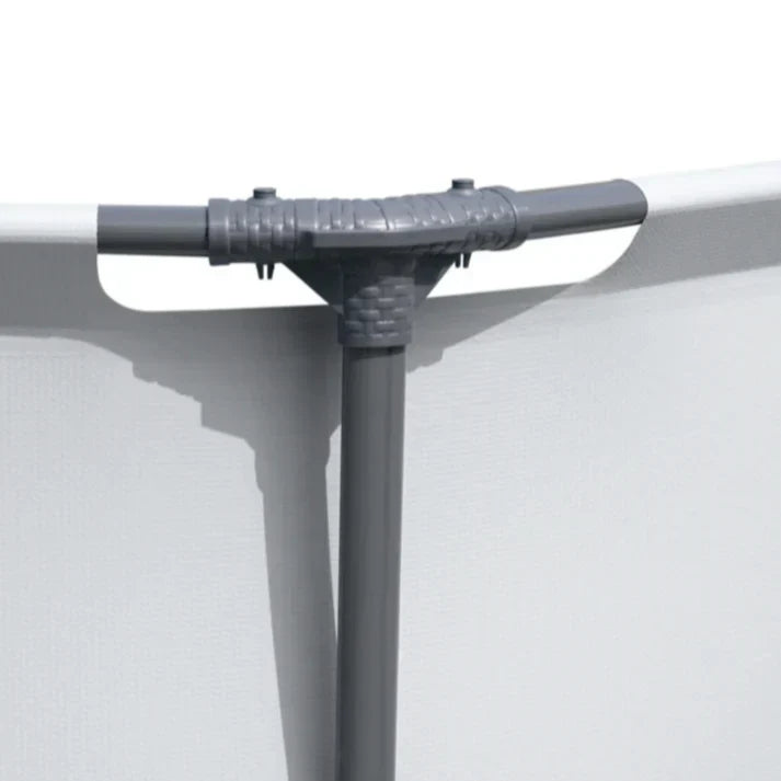 Close-up of a gray metal bracket on a white background