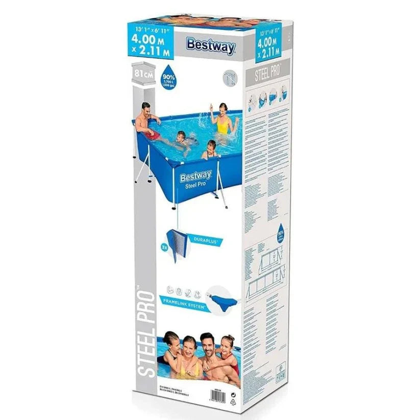 Box of Bestway inflatable pool with family playing on cover