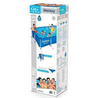 Box of Bestway inflatable pool with family playing on cover
