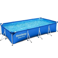 Rectangular pool with metal frame and blue water, featuring Bestway branding.
