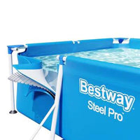 Blue Bestway Steel Pro above-ground pool with white border on a white background