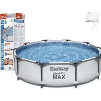 Bestway Steel Pro MAX above-ground pool with packaging and accessories on a white background