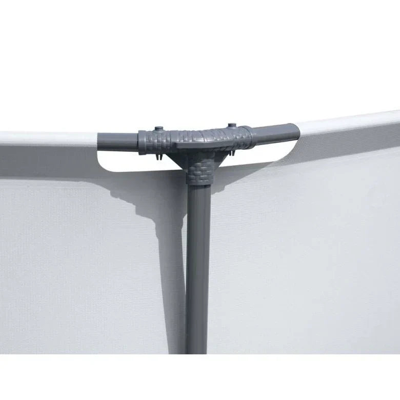 Close-up of a gray metal bracket on a white background
