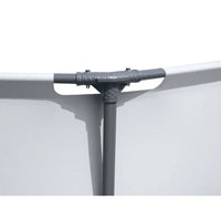 Close-up of a gray metal bracket on a white background