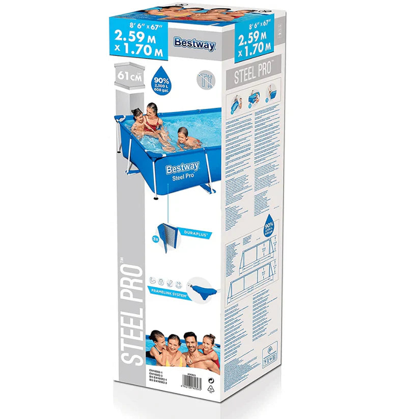 Box of Bestway Steel Pro inflatable pool with family usage illustration on a white background