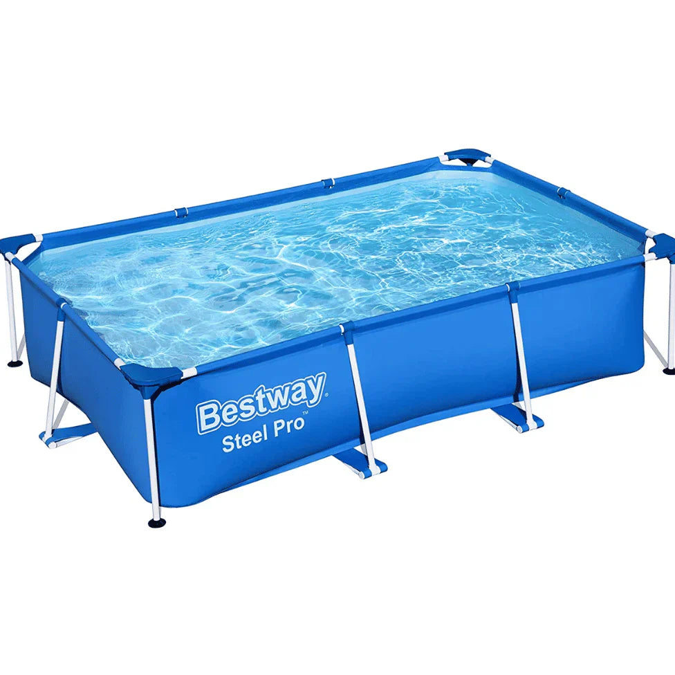 Rectangular pool with blue water and 'Bestway Steel Pro' branding on a white background