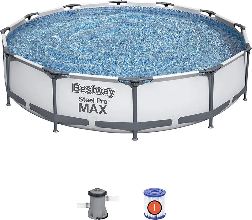 Bestway Steel Pro MAX above-ground pool with filter pump and cartridge on a white background