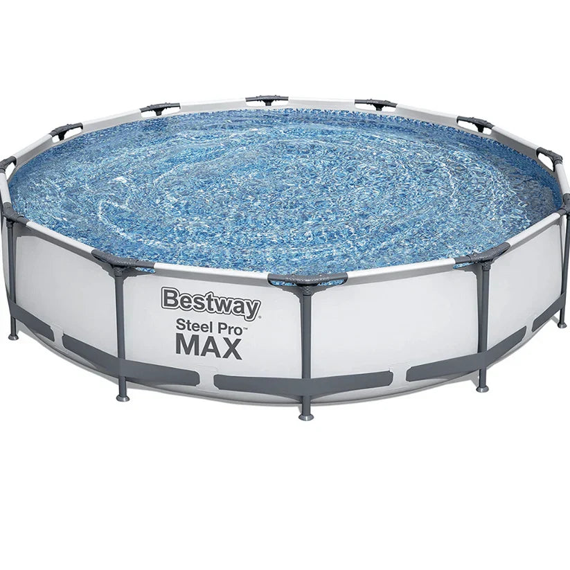 Round above-ground pool with metal frame and clear water, branded 'Bestway Steel Pro MAX'.