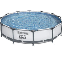 Round above-ground pool with metal frame and clear water, branded 'Bestway Steel Pro MAX'.
