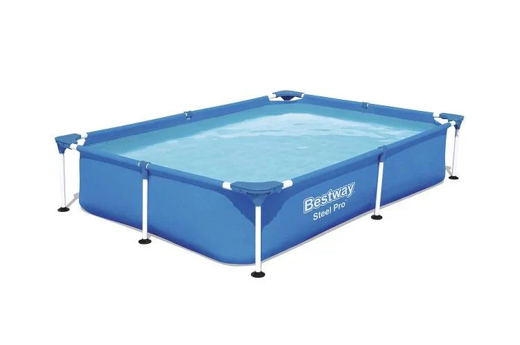 Blue rectangular pool with metal frame on a white background, featuring the Bestway brand.