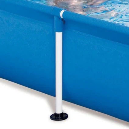 Blue above-ground pool with a white safety handle on a white background