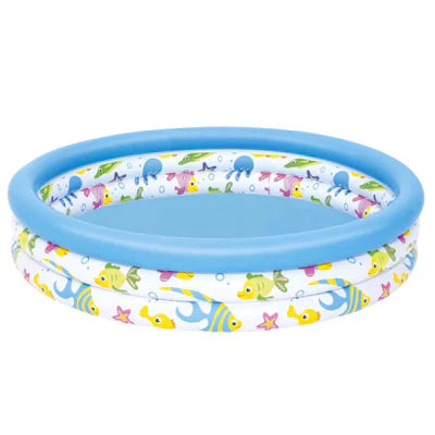 Inflatable pool with tropical pattern on a white background