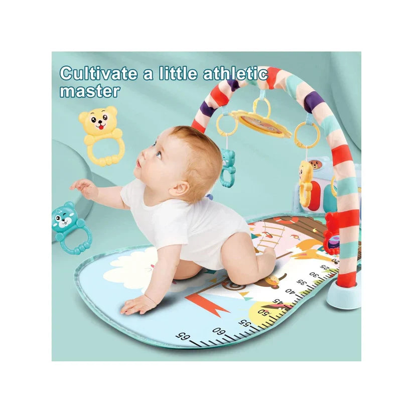 Baby playing on a colorful activity mat with toys and text 'Cultivate a little athletic master'.
