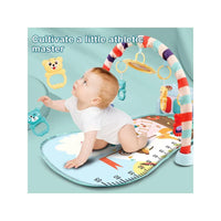 Baby playing on a colorful activity mat with toys and text 'Cultivate a little athletic master'.