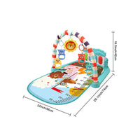 Baby play mat with colorful animals and dimensions on a white background