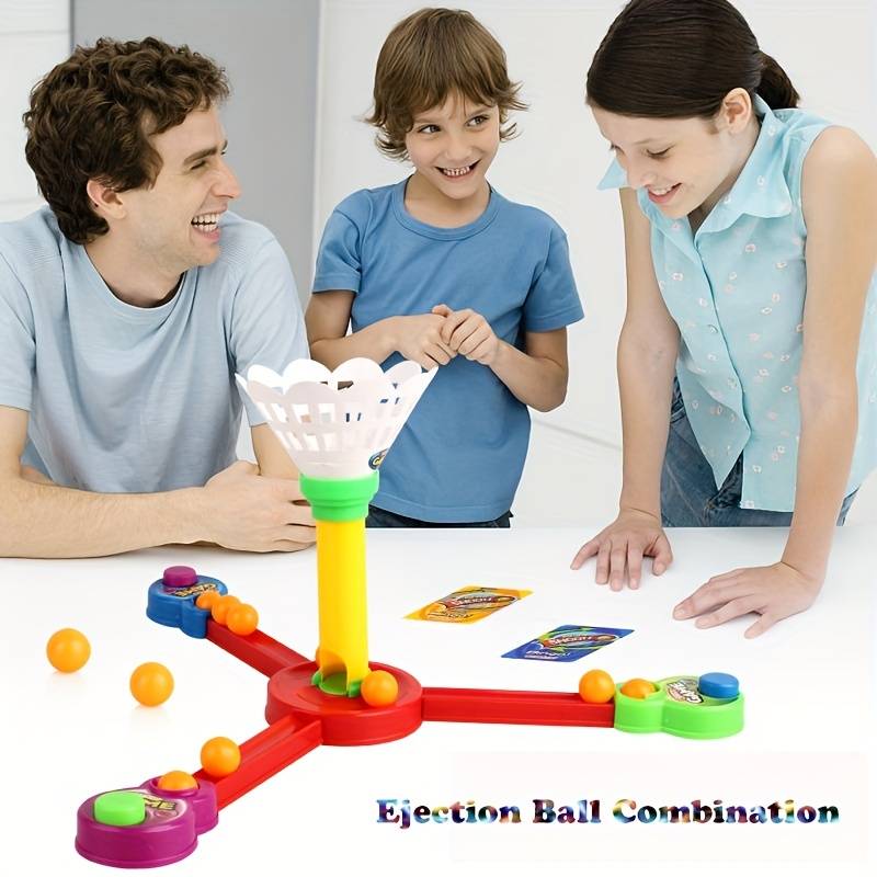 Family playing with a colorful game board on a white surface