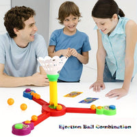 Family playing with a colorful game board on a white surface