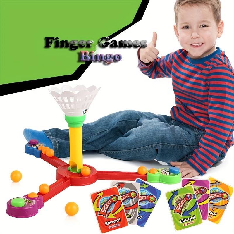 Child playing with a colorful finger game bingo toy set on a white background