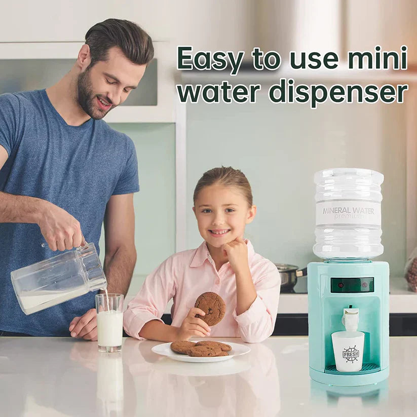 Man and child with a mini water dispenser in a kitchen setting