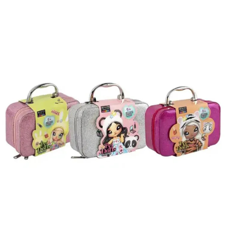 Three small suitcases with cartoon character designs on a white background