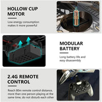 Product features including hollow cup motor, modular battery, and 2.4G remote control on a white background.