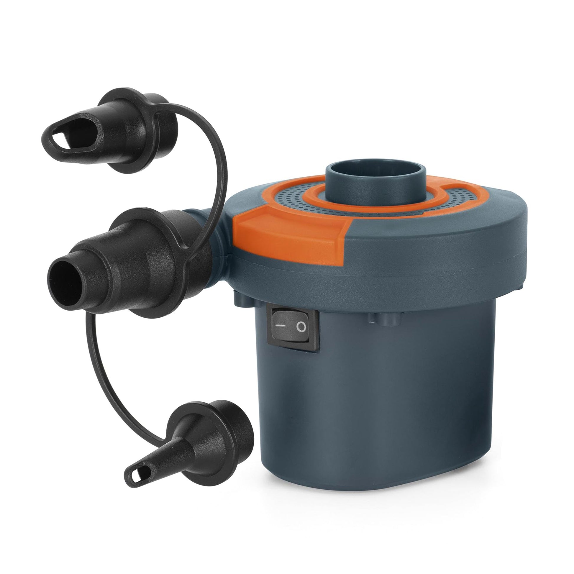 Blue and orange air pump with multiple nozzles on a white background