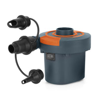 Blue and orange air pump with multiple nozzles on a white background