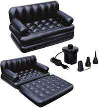Black inflatable sofa set with pump and attachments on a white background