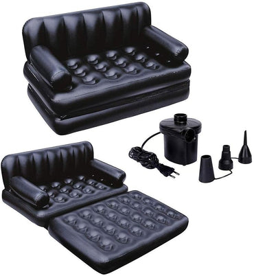 Black inflatable sofa set with pump and attachments on a white background