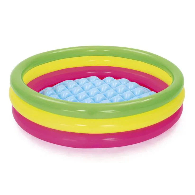 Inflatable children's pool with colorful rings on a white background